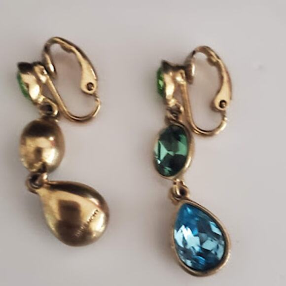 VTG Givenchy Clip On Earrings Blue and Green Crystals Gold Plated 80's Signed - Picture 3 of 5